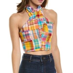 NWT Staud Kai Patchwork Plaid Cropped Halter Top
